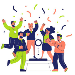 Group of people celebrating a success, with confetti and a trophy, in a business setting.