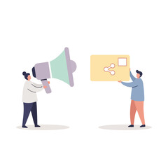 Vector illustration of two people with a megaphone and a share icon, symbolizing marketing and communication.