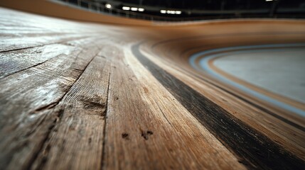 velodrome. Close-up of wooden velodrome track banking showing grain and curved structure. event key visuals, club posters, designed for sports event promotions and stadium branding.