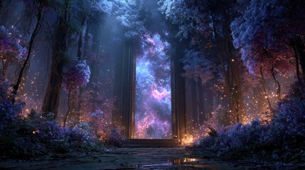 Obraz premium Mystical Forest Entrance with Cosmic Portal or Nebula Gateway and Magical Glowing Plants