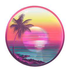 Vibrant sunset over the ocean with palm tree silhouette and colorful waves at a tropical beach