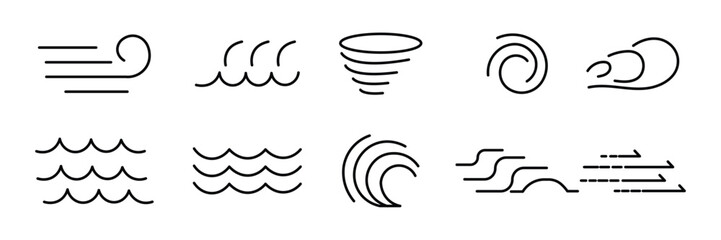  wave and wind line icon collection. wind icon set. water, air, weather, nature, sea, ocean, storm, tornado, spiral, curl, flow symbol