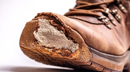 heel. Close-up of a worn leather hiking boot heel showing inner material and texture. lifestyle magazines, social media lookbooks, designed for lifestyle magazines and social media content.