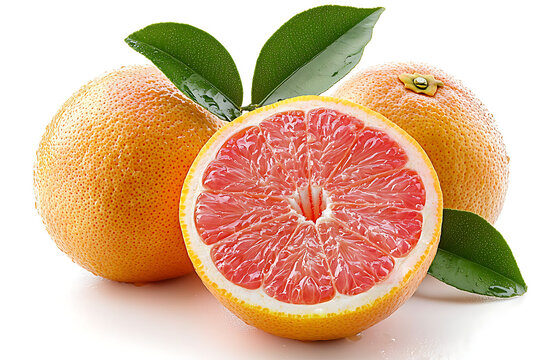 Two whole grapefruits and one cut in half with green leaves and water droplets