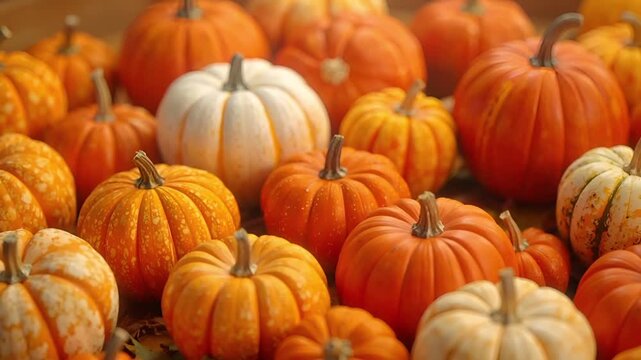 冬のカボチャと各種スカッシュのマクロ映像です。
温かい光が野菜の色や表面の質感を美しく際立たせます。