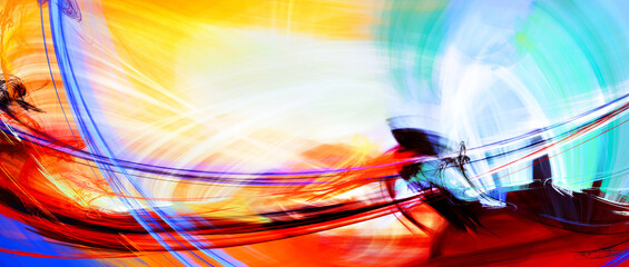 Abstract art bright motion composition. Modern futuristic red, blue, yellow dynamic background. Color paint pattern. Fractal artwork for creative graphic design