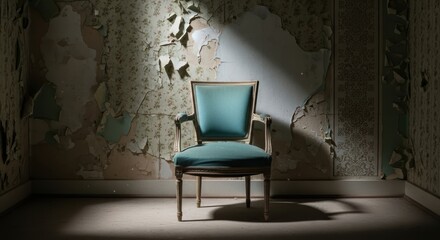 A single vintage armchair with teal upholstery sits in the center of an abandoned, decaying room. The walls are peeling, revealing layers of old wallpaper and plaster, while a soft beam of light highl