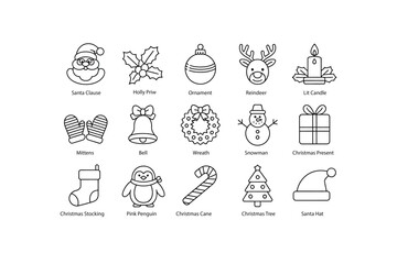 Fifteen minimalist Christmas line art icons for festive designs celebrate the holidays with simple festive icons for your creative projects, holiday spirit to invitations, social media posts, website 