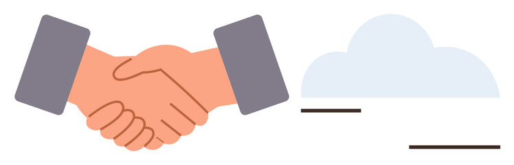 Two hands shaking symbolizing trust and partnership beside a cloud. Ideal for teamwork, collaboration, trust, business deals, cloud computing, networking, digital innovation. Simple flat metaphor
