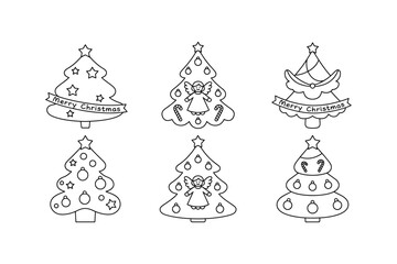 Six line art Christmas tree designs are simple festive decorations ideal for holiday greetings, crafts in stylized artwork, various creative projects, invitations to digital graphics, and printables. 