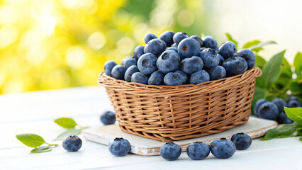 Blueberries in basket on white surface in natural warm sunlight background