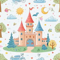 Colorful cartoon castle with surrounding elements for creative design
