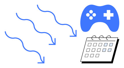 Blue arrows indicating movement, a game controller suggesting gaming, and a calendar representing scheduling or planning. Ideal for gamification, productivity, planning, creativity, fun engagement