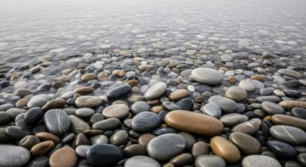 Smooth Gray Stones on Beach Washed by Gentle Ocean Waves