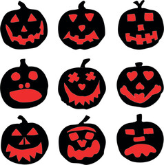 Set of various pumpkins for Halloween, different shapes, different cutouts for eyes, nose and mouth