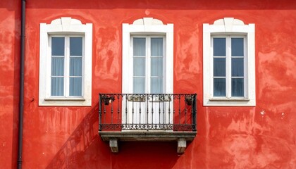 Vibrant Red Building Facade with White Windows and Ornate Balcony.