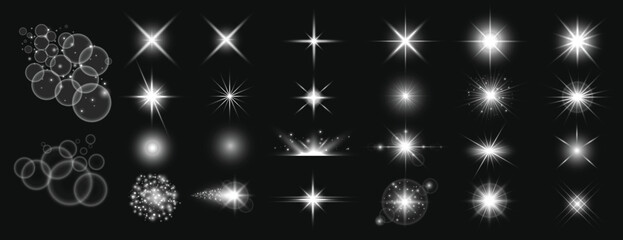 Set of Starburst, Lens Flare, and Light Effect Vector Overlays on Black

