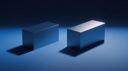 Two glossy metallic rectangular prisms with sharp edges reflect light,