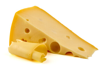 Swiss Cheese Wedge with Curl, isolated on white background