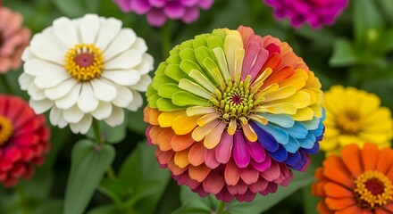 A breathtaking close-up captures the extraordinary beauty of a vibrant flower, its delicate petals arrayed in a stunning gradient of rainbow colors. From lush greens and sunny yellows to fiery oranges
