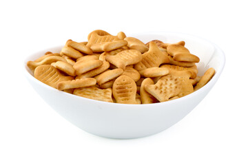 Fish Shaped Crackers in White Bowl, isolated on white background