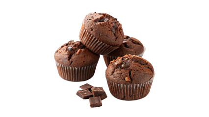  Freshly baked chocolate muffins stacked surface with chocolate chunks beside them on a transparent...