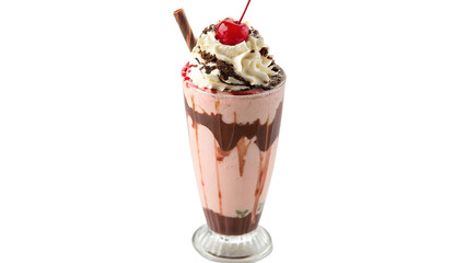 Delicious dessert served in a tall glass with whipped cream, chocolate syrup, and a cherry on top during a sunny afternoon  on a transparent background