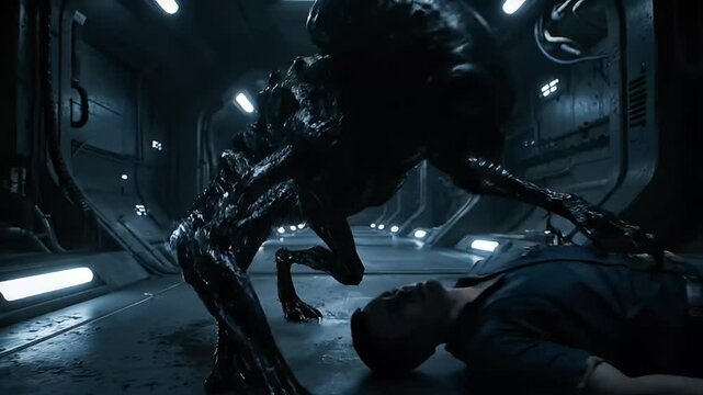 alien creature attacks unconscious human in spaceship corridor