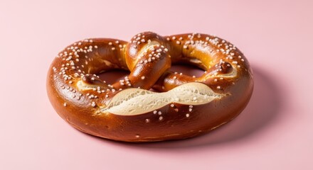 baked soft pretzel sits on a pastel pink background. The pretzel has a glossy, golden-brown crust, topped with coarse salt granules, and a soft, fluffy interior exposed at one section