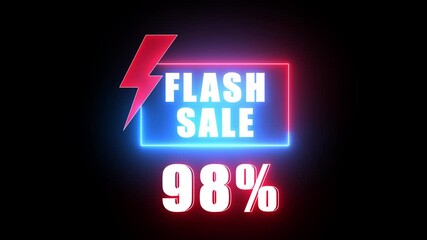 Neon flash sale announcement with 98 percent discount and lightning bolt graphic on black background