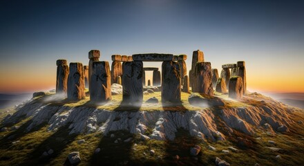 Ancient Stone Circle Monument on Grassy Hill at Sunset