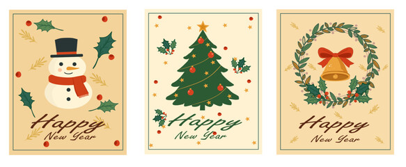 Elegant Christmas New Year Card Set | Holiday Greetings Winter Golden Line Art.