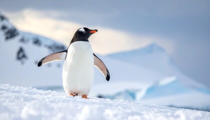Obraz premium Charming Gentoo penguin standing alone on a snowy hill in Antarctica.