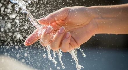 A close-up of a hand under a dynamic splash of sparkling water. Glistening droplets convey purity, cleanliness, and natural vitality. Ideal for hydration, hygiene, and well-being themes, it evokes a r