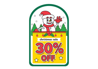 Colorful Christmas sale sign showcasing a cheerful snowman with trees and a 30 percent discount to engage holiday shoppers