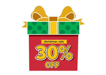 Colorful Christmas gift box with a large bow promoting a 30 percent off sale in a festive display