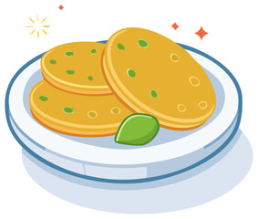 Three golden pancakes with green peas on a white plate with a garnish of fresh mint