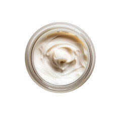 Creamy moisturizer in glass jar on a plain background for skincare routine
