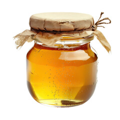 Honey jar with a natural look, showcasing a sweet golden substance during daylight hours