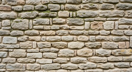 Fototapeta premium A detailed close-up of an aged and weathered stone wall, showcasing a rugged tapestry of irregularly shaped and sized natural blocks. The varied stones, ranging in tones from light grey to warm beige 