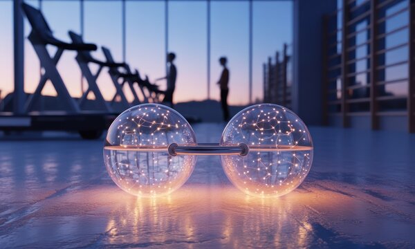 Futuristic gym scene with a dumbbell-like structure of glowing orbs. Two figures silhouetted - Powered by Adobe