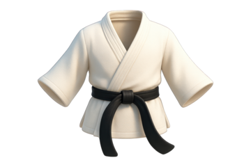 A white martial arts gi with a black belt, digitally rendered on a dark background