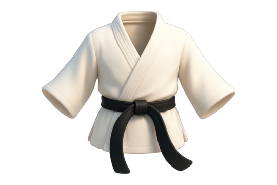 A white martial arts gi with a black belt, digitally rendered on a dark background