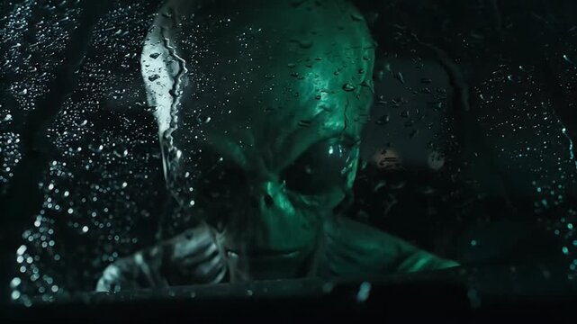 extraterrestrial alien appearing through rainy window at night