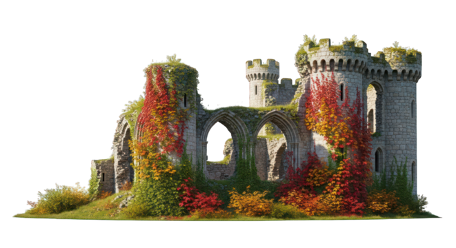 Ancient stone castle ruins, overgrown with vibrant red and green autumn foliage and ivy