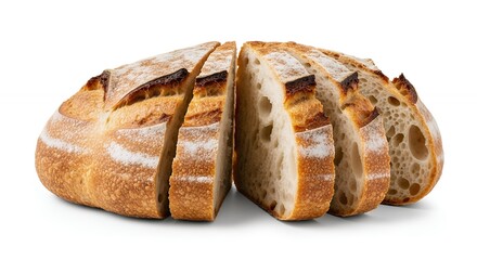 A rustic, round loaf of freshly baked bread, expertly sliced to reveal its inviting, airy crumb and perfectly golden-brown, crispy crust. Each individual slice, gently fanned out and lightly dusted wi