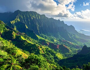 Scenic view of lush, green mountains meeting the ocean under a partially cloudy sky, bathed in sunlight