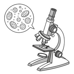 A simple cartoon illustration of a microscope with a speech bubble showing magnified cells and microorganisms for scientific discovery