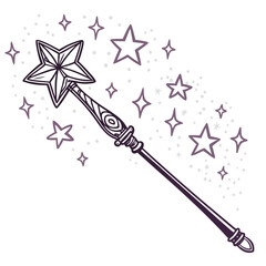 Whimsical hand drawn magic wand with sparkling stars and twinkling dust emanating from the star tip creating a magical aura