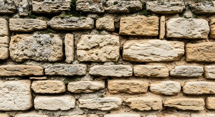 A rustic, weathered stone wall, featuring rough-hewn blocks. Earthy tones blend with green moss and pale lichen in crevices, showcasing age and organic texture. A durable backdrop for construction, he